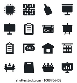 Set of vector isolated black icon - flight table vector, presentation board, meeting, clipboard, sale, rooms, smart home, cutting, chip