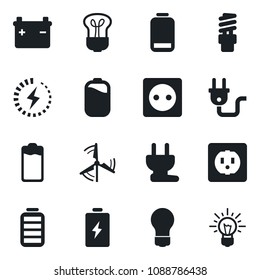 Set of vector isolated black icon - bulb vector, battery, low, charge, windmill, socket, power plug, energy saving, idea