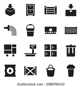 Set of vector isolated black icon - trash bin vector, checkroom, bucket, watering, cargo container, consolidated, package, oil barrel, heavy scales, railroad, archive box, water filter