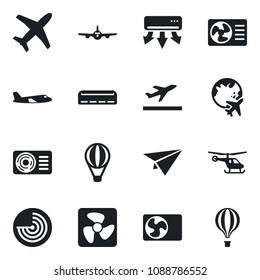 Set of vector isolated black icon - departure vector, radar, plane, helicopter, globe, air conditioner, fan, paper, balloon