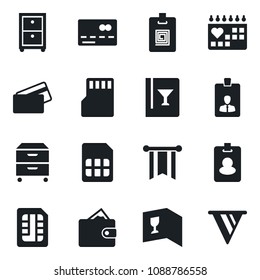 Set of vector isolated black icon - credit card vector, identity, medical calendar, sd, sim, archive box, wine, pass, wallet, pennon