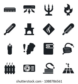Set of vector isolated black icon - fire vector, hose, fireplace, thermometer, heater, air conditioner, candle, water, smoke detector, warm floor
