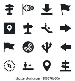 Set of vector isolated black icon - escalator vector, right arrow, left, wind, radar, route, signpost, pin, download, place tag, compass, flag, guidepost