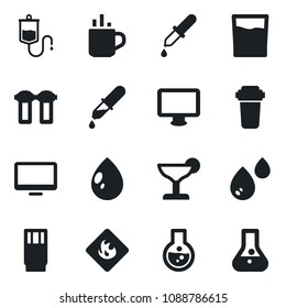 Set of vector isolated black icon - hot cup vector, water drop, dropper, flammable, monitor, drink, cocktail, filter, flask