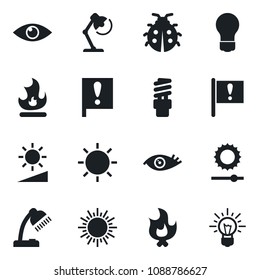 Set of vector isolated black icon - sun vector, bulb, lady bug, fire, eye, important flag, brightness, desk lamp, energy saving, idea