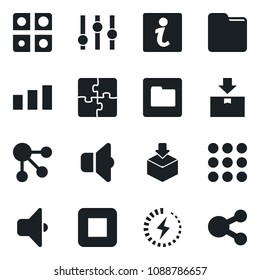Set of vector isolated black icon - package vector, sorting, settings, stop button, menu, folder, charge, application, sound, information, social media