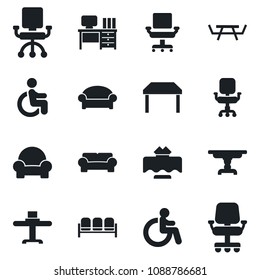 Set of vector isolated black icon - waiting area vector, disabled, desk, picnic table, office chair, cushioned furniture, restaurant