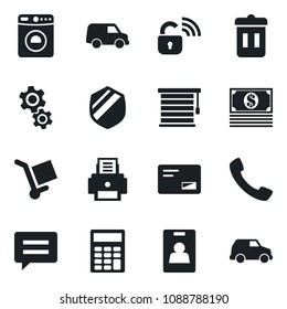 Set of vector isolated black icon - washer vector, cargo, shield, mail, call, message, identity card, calculator, printer, wireless lock, gear, jalousie, trash bin, cash, car