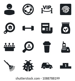 Set of vector isolated black icon - rake vector, lady bug, fertilizer, barbell, patient, network, radio phone, fingerprint id, news, meeting, estate search, client, vip zone, water filter, car