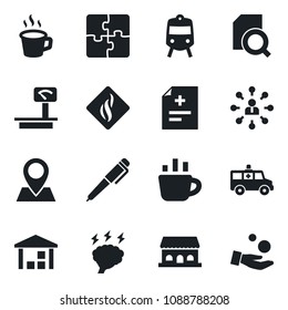 Set of vector isolated black icon - train vector, hierarchy, coffee, brainstorm, diagnosis, ambulance car, pin, warehouse, heavy scales, application, document search, pen, cafe building, investment