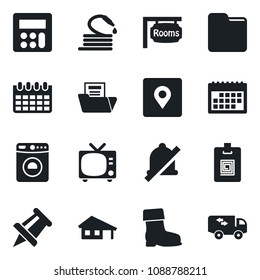 Set of vector isolated black icon - tv vector, washer, drawing pin, calendar, boot, hose, calculator, folder, mute, place tag, document, identity card, house with garage, rooms, moving