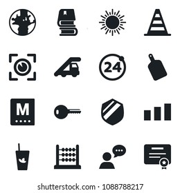 Set of vector isolated black icon - 24 around vector, ladder car, border cone, sun, earth, sorting, shield, speaker, abacus, book, key, menu, phyto bar, cutting board, eye scan, certificate