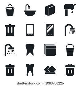 Set of vector isolated black icon - trash bin vector, shower, bucket, tooth, mobile, blank box, water supply, bathroom, serviette