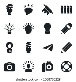 Set of vector isolated black icon - brainstorm vector, bulb, camera, pencil, fence, rolling pin, energy saving, shining head, idea, paper plane, crisis management