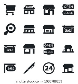 Set of vector isolated black icon - 24 around vector, shop, store, search cargo, pen, sale, sold signboard, cafe building, open close, cart, storefront