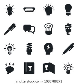 Set of vector isolated black icon - pen vector, brainstorm, bulb, dialog, wine card, hot dog, energy saving, shining head, idea
