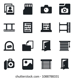 Set of vector isolated black icon - ticket office vector, camera, abacus, folder document, film frame, gallery, sd, photo, jalousie, door