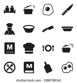 Set of vector isolated black icon - cook vector, cafe, hat, menu, salt and pepper, bowl, cutting board, knife, steaming pan, omelette