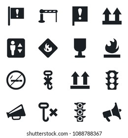 Set of vector isolated black icon - barrier vector, elevator, no smoking, important flag, traffic light, fragile, up side sign, hook, flammable, loudspeaker
