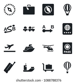 Set of vector isolated black icon - suitcase vector, departure, baggage trolley, passport, larry, helicopter, sea shipping, route, compass, air balloon