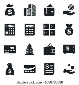 Set of vector isolated black icon - credit card vector, safe, checkroom, money bag, receipt, office building, combination lock, wallet, investment