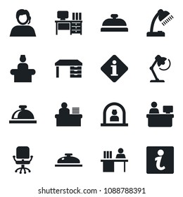 Set of vector isolated black icon - reception bell vector, office chair, desk, manager place, support, lamp, information