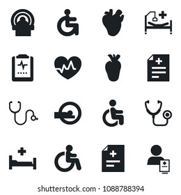 Set of vector isolated black icon - disabled vector, heart pulse, diagnosis, stethoscope, tomography, hospital bed, real, clipboard, patient