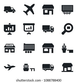 Set of vector isolated black icon - shop vector, store, plane, truck trailer, car delivery, sea port, search cargo, presentation, storefront