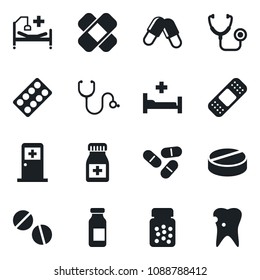 Set of vector isolated black icon - medical room vector, stethoscope, pills, bottle, blister, ampoule, patch, hospital bed, caries