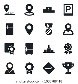 Set of vector isolated black icon - parking vector, smoking place, medal, navigation, pin, tag, sertificate, fridge, pedestal, award cup