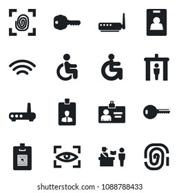 Set of vector isolated black icon - passport control vector, security gate, identity card, disabled, wireless, key, fingerprint, router, eye scan