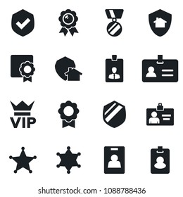 Set of vector isolated black icon - vip vector, identity, card, medal, shield, sertificate, home protect, police, pass