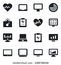 Set of vector isolated black icon - bomb in case vector, radar, notebook pc, statistic monitor, heart pulse, clipboard, tv, statistics