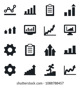 Set of vector isolated black icon - growth statistic vector, settings, clipboard, monitor statistics, bar graph, point, career ladder, arrow up