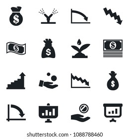 Set of vector isolated black icon - growth statistic vector, money bag, crisis graph, irrigation, investment, cash, presentation