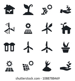 Set of vector isolated black icon - seedling vector, sproute, sun panel, windmill, eco house, water filter, palm