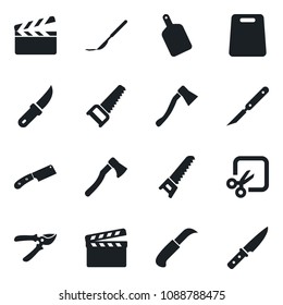 Set of vector isolated black icon - pruner vector, saw, garden knife, axe, scalpel, clapboard, cut, cutting board
