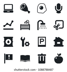 Set of vector isolated black icon - parking vector, trash bin, shower, book, important flag, oil barrel, microphone, laptop pc, cut, root setup, point graph, house, children room, ham, omelette