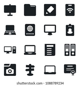 Set of vector isolated black icon - passport vector, office binder, notebook pc, document, signpost, monitor, laptop, folder, notes, photo gallery, presentation board, pass card, certificate
