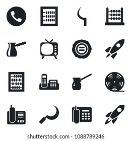 Set of vector isolated black icon - phone vector, abacus, stamp, sickle, reel, tv, radio, office, turkish coffee, rocket
