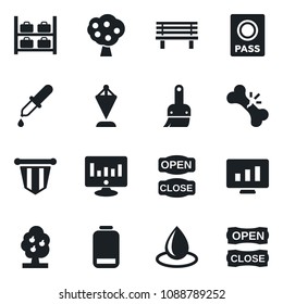 Set of vector isolated black icon - passport vector, luggage storage, pennant, statistic monitor, water drop, bench, dropper, broken bone, low battery, themes, fruit tree, open close