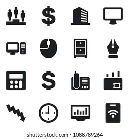 Set of vector isolated black icon - office building vector, dollar sign, pedestal, mouse, crisis graph, monitor, radio phone, calculator, clock, statistics, ink pen, archive box, mail, pc, pass card