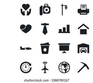 Set of vector isolated black icon - plane radar vector, presentation board, coffee, garden light, heart hand, warehouse storage, camera, bar graph, printer, garage, clock, earth, tie, hard work