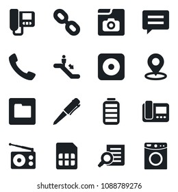 Set of vector isolated black icon - escalator vector, document search, pen, radio, chain, battery, rec button, call, message, sim, folder, place tag, photo gallery, intercome, washer