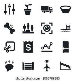 Set of vector isolated black icon - plane radar vector, pedestal, brainstorm, seedling, broken bone, car delivery, receipt, container, tuning, cut, point graph, pool, fridge, bowl, eye scan, crisis