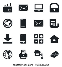Set of vector isolated black icon - mail vector, printer, news, network, cell phone, laptop pc, back, download, lock, application, house, home control, earth
