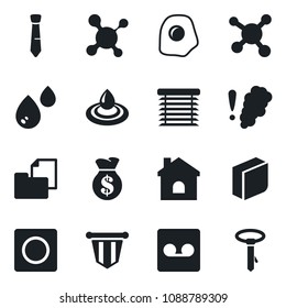 Set of vector isolated black icon - pennant vector, house, molecule, folder document, record, blank box, tie, omelette, water, smoke detector, jalousie, money bag