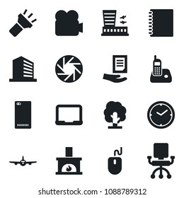 Set of vector isolated black icon - plane vector, airport building, office, mouse, notebook pc, document, tree, video camera, radio phone, back, mobile, torch, copybook, clock, fireplace, chair