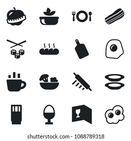 Set of vector isolated black icon - coffee vector, diet, cafe, wine card, drink, salad, plates, bacon, egg stand, bread, rolling pin, cutting board, sushi, omelette