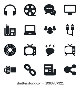 Set of vector isolated black icon - brainstorm vector, reel, vinyl, tv, video camera, dialog, headphones, monitor, laptop pc, radio phone, chain, group, rca, news, social media